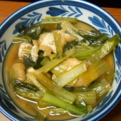 げんきノンタンさんこんばんは～(^o^)丿
小松菜がお安くなってたので、さっそく作ってみたの～
おだしがきいてて、あっさり美味しい❤おふくろ味でほっ❤ごちさま★
